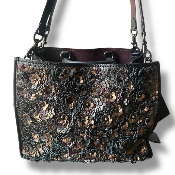 Coach 1941 Rogue 30 LEATHER Bag Satchel Shoulder Tea Rose Appliqué BLK Metallic - Picture 7 of 17